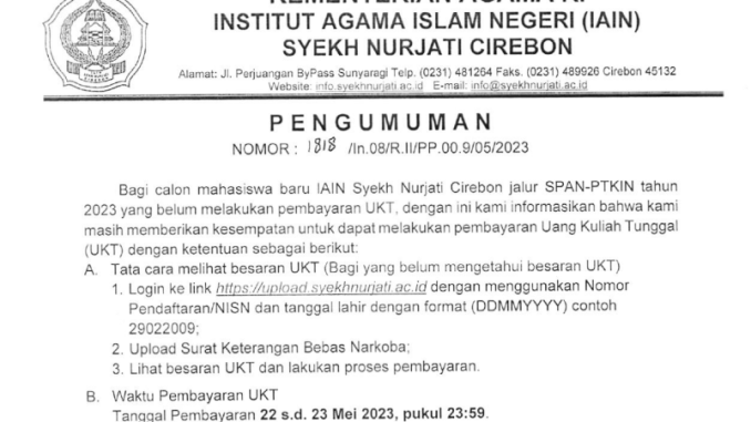 Pengumuman Perpanjangan Pembayaran UKT Jalur SPAN PTKIN Tahun 2023