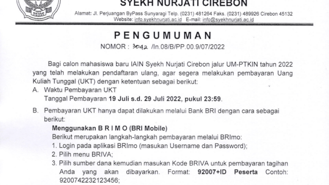 PENGUMUMAN PEMBAYARAN UKT JALUR UM-PTKIN 2022