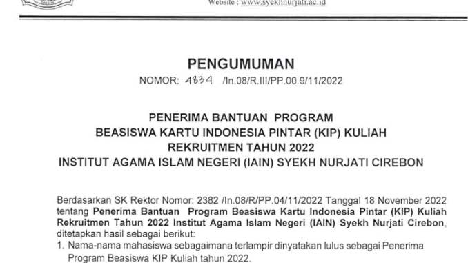 Pengumuman Penerima Beasiswa Kip Kuliah Tahun 2022