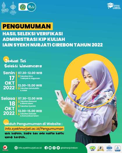 PENGUMUMAN HASIL SELEKSI VERIFIKASI ADMINISTRASI KIP KULIAH IAIN SYEKH NURJATI CIREBON TAHUN 2022