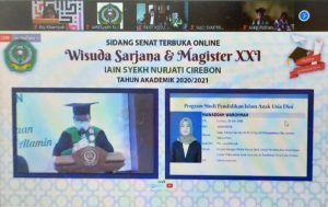 Dr. H. Iman Nafi'a, M. Ag. Membacakan Wisuda Terbaik Se Intitut Agama Islam Negeri (IAIN) Syekh Nurjati Cirebon Diraih Oleh Mawaddah Warohmah, S. Pd. Mahasiswa Jurusan Pendidikan Islam Anak Usia Dini Fakultas Ilmu Tarbiyah dan Keguruan (FITK) Institit Agama Islam Negeri (IAIN) Syekh Nurjati Cirebon. Kegiatan Sidang Senat Terbuka Online Wisuda Sarjana & Magister XXI Institut Agama Islam Negeri ( IAIN ) Syekh Nurjati Cirebon.