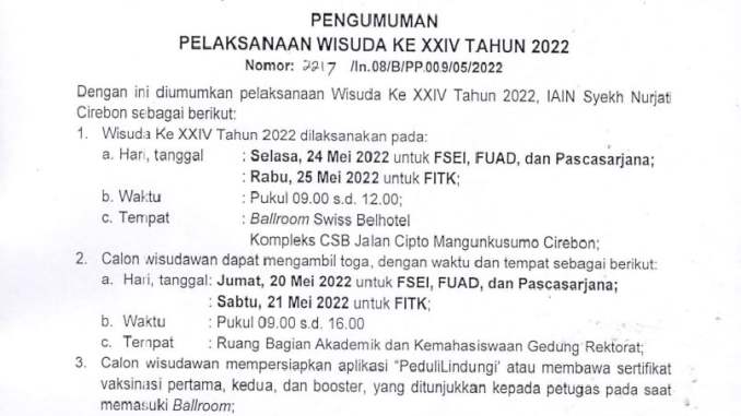 PENGUMUMAN PELAKSANAAN WISUDA KE XXIV IAIN SYEKH NURJATI CIREBON TAHUN 2022