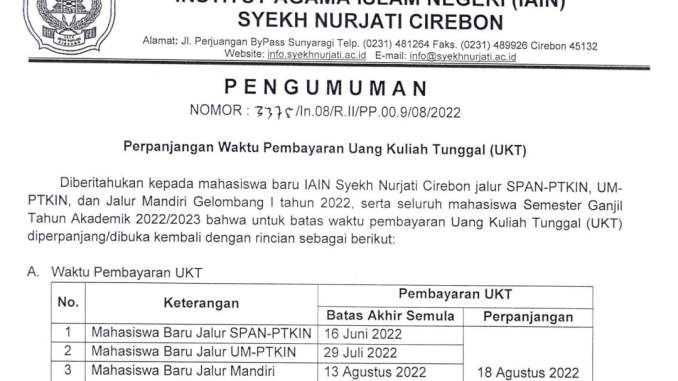 Pengumuman Perpanjangan waktu Pembayaran UKT