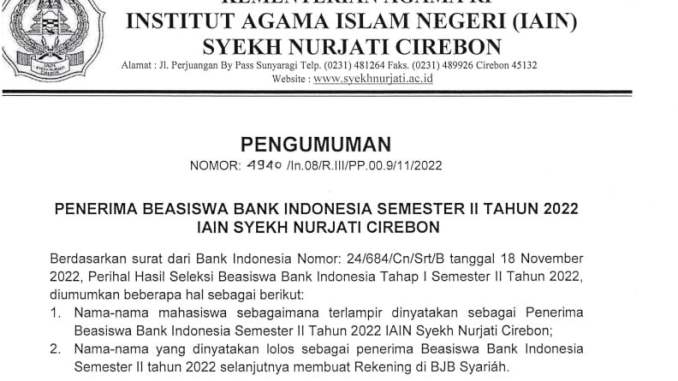 Pengumuman Penerima Beasiswa Bank Indonesia Semester II Tahun 2022 IAIN Syekh Nurjati Cirebon