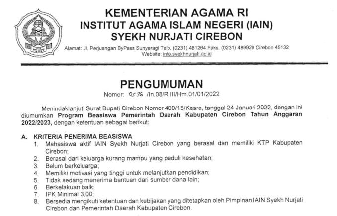 Pengumuman Program Beasiswa Pemerintah Daerah Kabupaten Cirebon Tahun Anggaran 2022/2023
