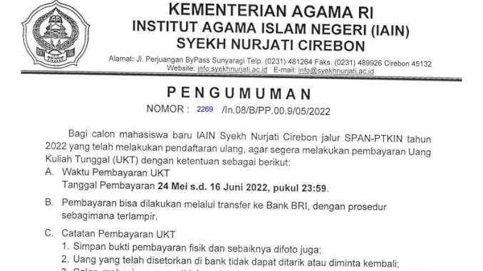 Pengumuman Pembayaran UKT Jalur SPAN-PTKIN