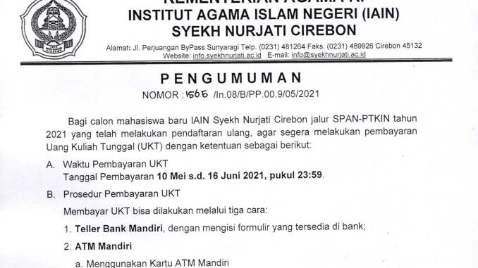 Pengumuman Pembayaran UKT Jalur SPAN-PTKIN Tahun 2021