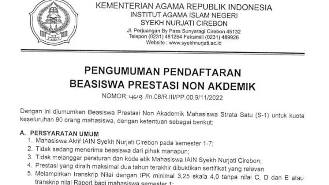Pengumuman Pendaftaran Beasiswa Prestasi Non Akdemik IAIN Syekh Nurjati Cirebon Tahun 2022