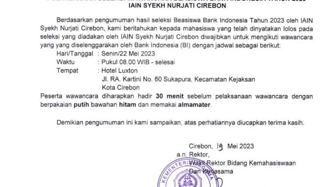 Pengumuman Pelaksanaan Seleksi Wawancara Beasiswa BI Tahun 2023