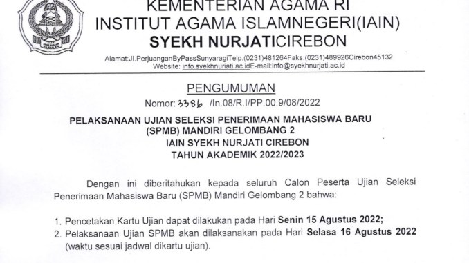 PENGUMUMAN PELAKSANAAN UJIAN SPMB MANDIRI GEL 2 TAHUN 2022