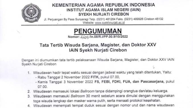 Pengumuman Tata Tertib Wisuda Sarjana, Magister Dan Doktor XXV IAIN Syekh Nurjati Cirebon