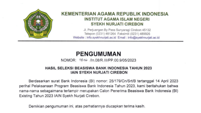 PENGUMUMAN PENERIMA BEASISWA BI EXISTING TAHUN 2023 IAIN SYEKH NURJATI CIREBON
