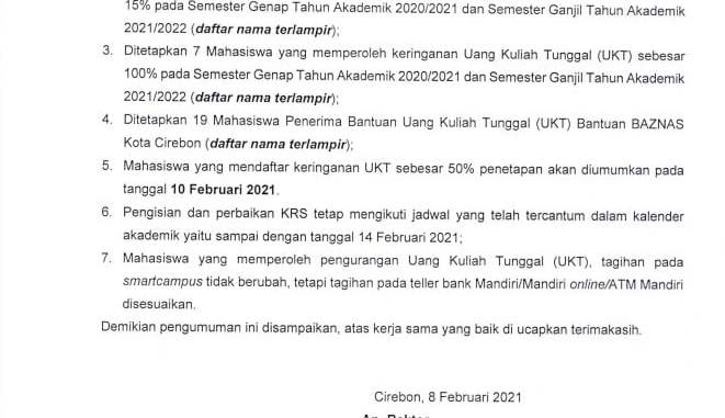 PENGUMUMAN PERPANJANGAN PEMBAYARAN UKT, KERINGANAN UKT 15%, 100% DAN PENERIMA BANTUAN UKT BAZNAS