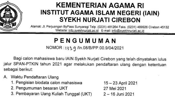 Pengumuman Daftar Ulang Jalur SPAN-PTKIN Tahun 2021