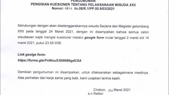 PENGUMUMAN PENGISIAN KUISIONER WISUDA XXII IAIN SYEKH NURJATI CIREBON
