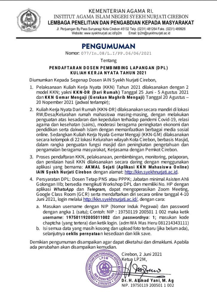 Sekilas Info ; Pendaftaran Dosen Pembimbing Lapangan KKN 2021