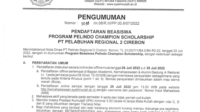 PENGUMUMAN PENDAFTARAN BEASISWA PELINDO 2022