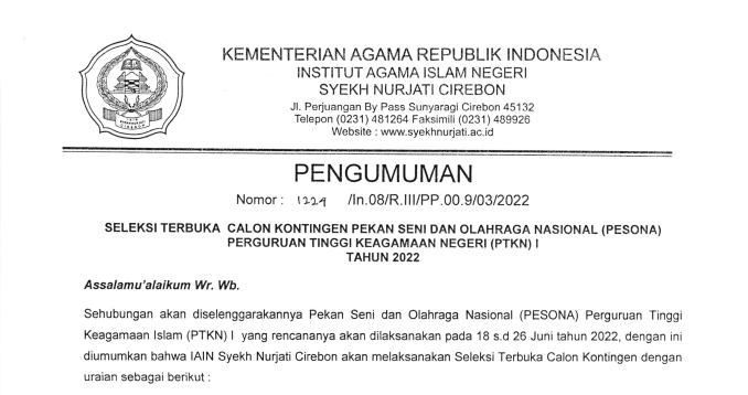 PENGUMUMAN SELEKSI TERBUKA CALON KONTINGEN PEKAN SENI DAN OLAHRAGA NASIONAL (PESONA) PERGURUAN TINGGI KEAGAMAAN NEGERI (PTKN) I TAHUN 2022