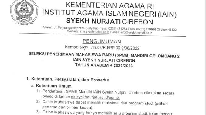 PENGUMUMAN SELEKSI PENERIMAAN MAHASISWA BARU SPMB MANDIRI GELOMBANG KE 2
