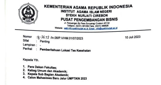 Pemberitahuan Lokasi Tes Kesehatan Calon Mahasiswa Baru Jalur UM-PTKIN 2023