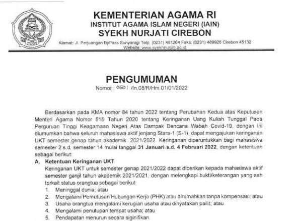 Pengumuman Keringanan Pembayaran UKT 2022