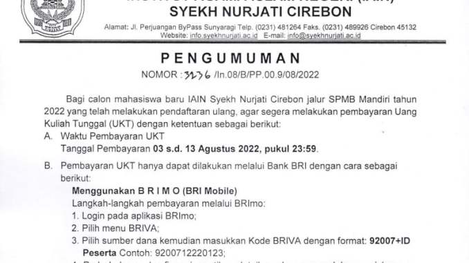 PENGUMUMAN CARA PEMBAYARAN UKT JALUR SPMB MANDIRI