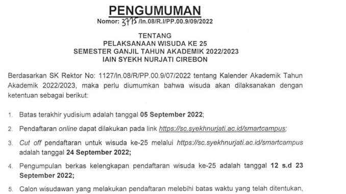 Pengumuman Pendaftaran Wisuda ke 25 IAIN Syekh Nurjati Cirebon