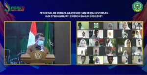 Dr. H. Iman Nafi’a, M. Ag. Memberikan Sambutan Sambutan Pada Kegiatan Pengenalan Budaya Akademik dan Kemahasiswaan IAIN Syekh Nurjati Cirebon Tahun 2020.